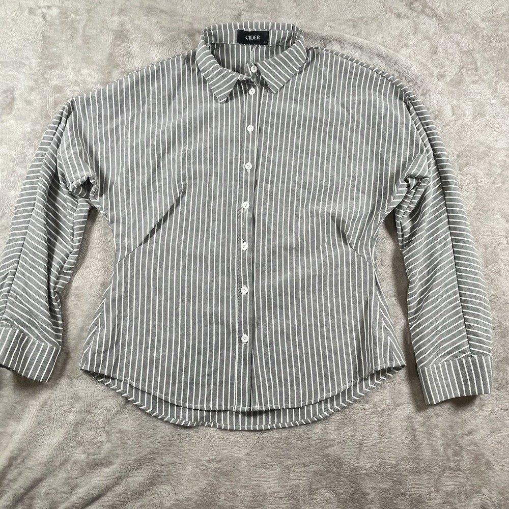 Cider Shirt SZ XL Gray White Stripe Collared TOP Button Up Minimalist Lagenlook